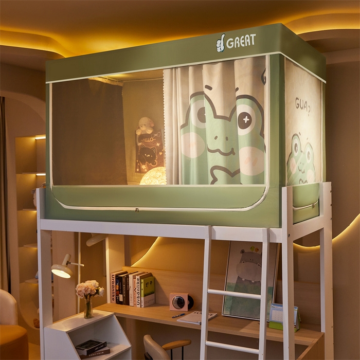 91家纺网 家纺一手货源 找家纺 迪凡保罗蚊帐 2025新款2416纳米环保加厚强遮光大版数码印花学生蚊帐（自带靠墙帘） 青蛙王子