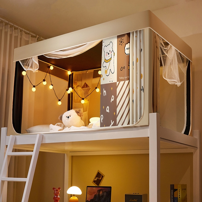 91家纺网 家纺一手货源 找家纺 2024新款学生宿舍强遮光坐床蚊帐 米色-NICE熊