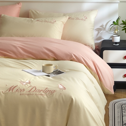 91家纺网 家纺一手货源 找家纺 如一 2024新款全棉刺绣四件套学生三件套-蝶梦系列 蝶梦-白粉