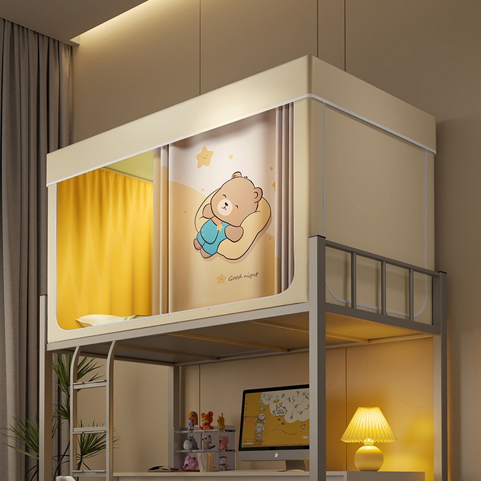 91家纺网 家纺一手货源 找家纺 2024新款学生宿舍强遮光坐床蚊帐 米色-酣睡熊