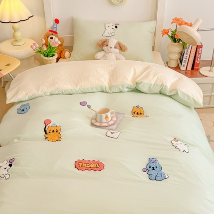91家纺网 家纺一手货源 找家纺 韩巢家纺 2024新款学生宿舍寝室上下铺超柔水洗棉单件被套-动物乐园 动物乐园浅绿黄