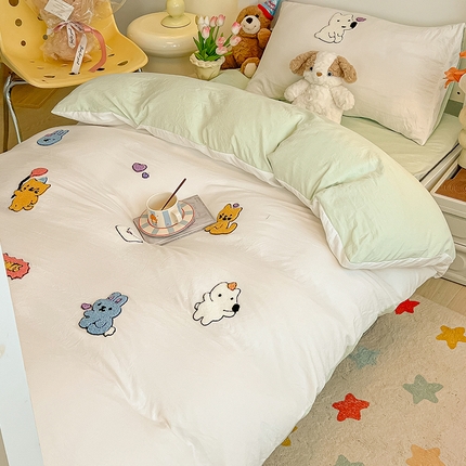 韩巢家纺 2024新款学生宿舍寝室上下铺超柔水洗棉床单被套三件套-动物乐园 动物乐园白绿