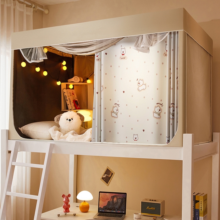 91家纺网 家纺一手货源 找家纺 2024新款学生宿舍强遮光坐床蚊帐 米色-波点狗狗