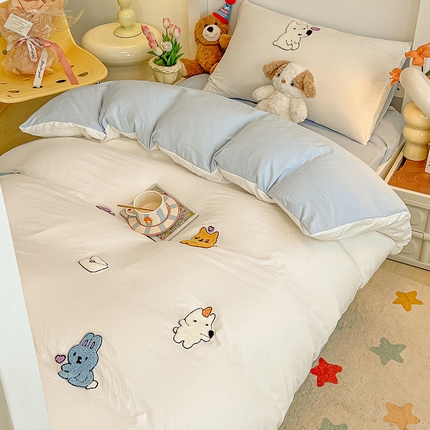 韩巢家纺 2024新款学生宿舍寝室上下铺超柔水洗棉床单被套三件套-动物乐园 动物乐园白蓝