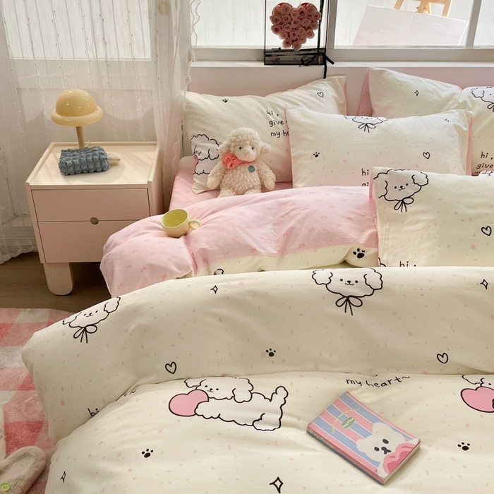 91家纺网 家纺一手货源 找家纺 慕尚家纺 2025新款全棉印花四件套 桃心狗