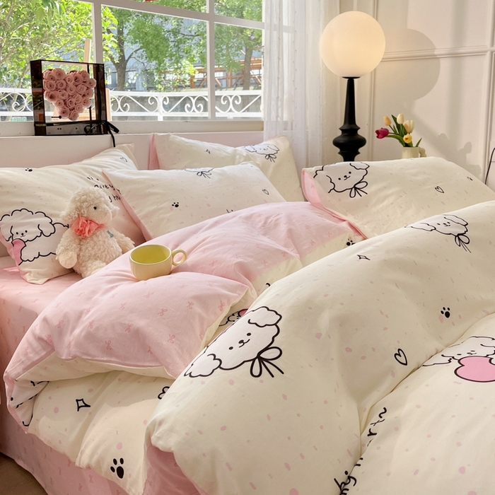 91家纺网 家纺一手货源 找家纺 慕尚家纺 2025新款全棉印花四件套 桃心狗