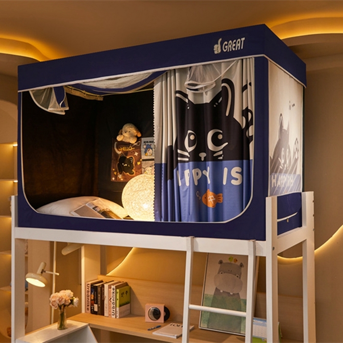 91家纺网 家纺一手货源 找家纺 迪凡保罗蚊帐 2025新款2416纳米环保加厚强遮光大版数码印花学生蚊帐（自带靠墙帘） 贪吃猫