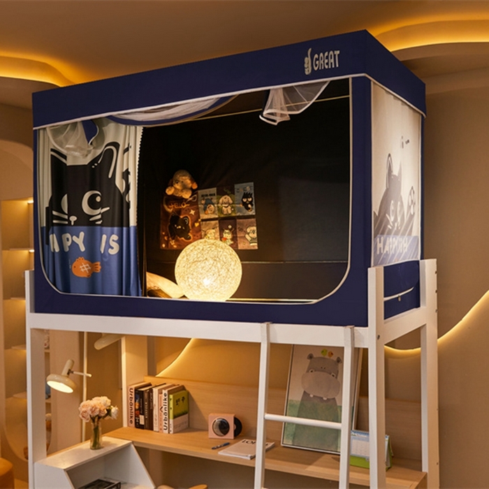 91家纺网 家纺一手货源 找家纺 迪凡保罗蚊帐 2025新款2416纳米环保加厚强遮光大版数码印花学生蚊帐（自带靠墙帘） 贪吃猫