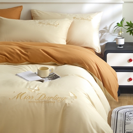 91家纺网 家纺一手货源 找家纺 如一 2024新款全棉刺绣四件套学生三件套-蝶梦系列 蝶梦-白橘