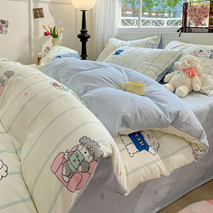 91家纺网 家纺一手货源 找家纺 慕尚家纺 2025新款全棉印花四件套 书生猫咪