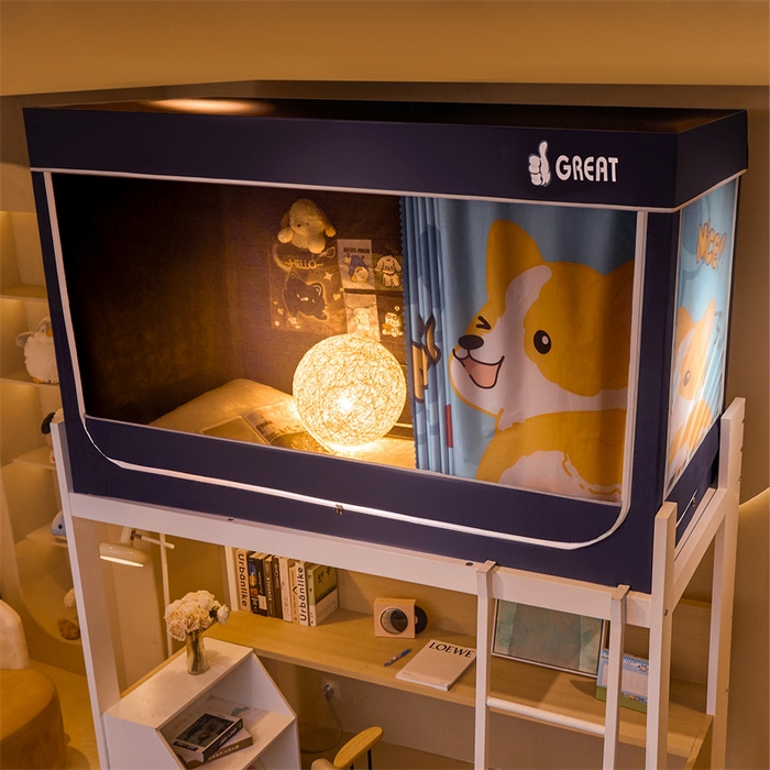 91家纺网 家纺一手货源 找家纺 迪凡保罗蚊帐 2025新款2416纳米环保加厚强遮光大版数码印花学生蚊帐（自带靠墙帘） 调皮狗