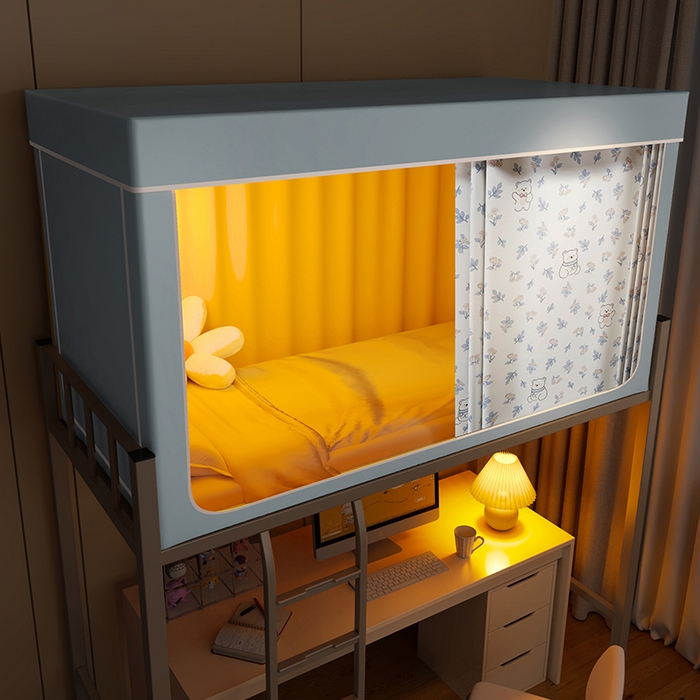 91家纺网 家纺一手货源 找家纺 2024新款学生宿舍强遮光坐床蚊帐 蓝色-花朵小熊