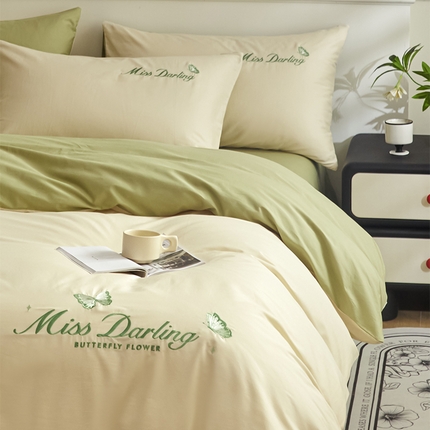 91家纺网 家纺一手货源 找家纺 如一 2024新款全棉刺绣四件套学生三件套-蝶梦系列 蝶梦-白绿