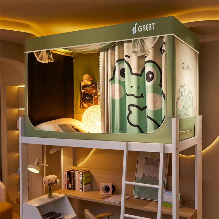 91家纺网 家纺一手货源 找家纺 迪凡保罗蚊帐 2025新款2416纳米环保加厚强遮光大版数码印花学生蚊帐（自带靠墙帘） 青蛙王子