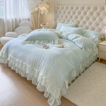 91家纺网 家纺一手货源 找家纺 瑞宝 2025新款水洗棉花边系列四件套-茉莉 茉莉-海盐蓝
