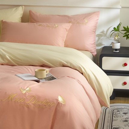 91家纺网 家纺一手货源 找家纺 如一 2024新款全棉刺绣四件套学生三件套-蝶梦系列 蝶梦-粉白