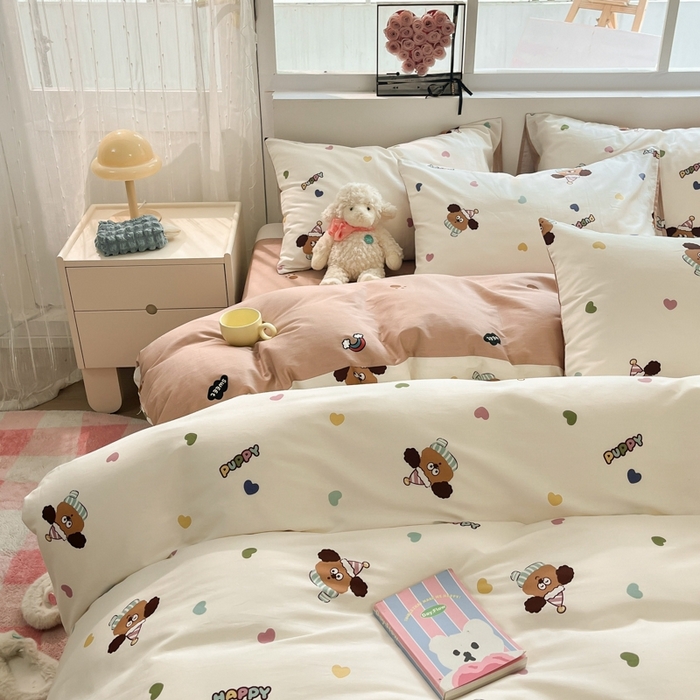 91家纺网 家纺一手货源 找家纺 慕尚家纺 2025新款全棉印花四件套 彩色爱心狗