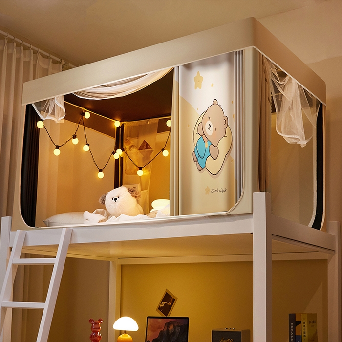 91家纺网 家纺一手货源 找家纺 2024新款学生宿舍强遮光坐床蚊帐 米色-酣睡熊