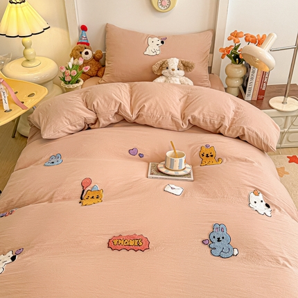 91家纺网 家纺一手货源 找家纺 韩巢家纺 2024新款学生宿舍寝室上下铺超柔水洗棉单件被套-动物乐园 动物乐园奶咖