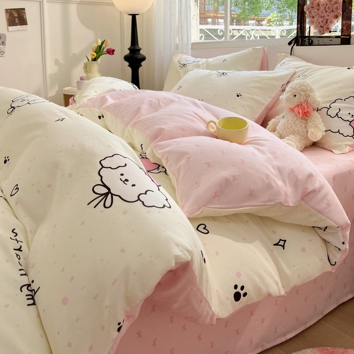 91家纺网 家纺一手货源 找家纺 慕尚家纺 2025新款全棉印花四件套 桃心狗