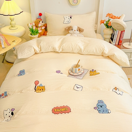 91家纺网 家纺一手货源 找家纺 韩巢家纺 2024新款学生宿舍寝室上下铺超柔水洗棉单件被套-动物乐园 动物乐园奶黄