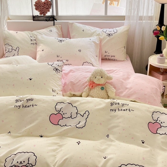 91家纺网 家纺一手货源 找家纺 慕尚家纺 2025新款全棉印花四件套 桃心狗