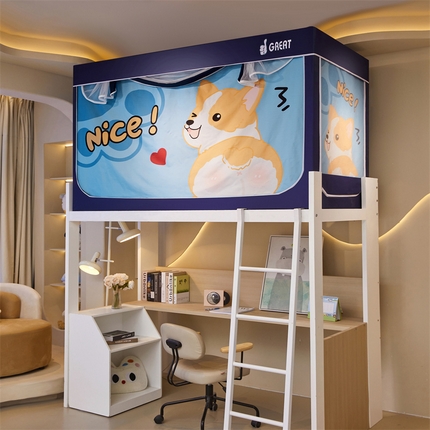 91家纺网 家纺一手货源 找家纺 迪凡保罗蚊帐 2025新款2416纳米环保加厚强遮光大版数码印花学生蚊帐（自带靠墙帘） 调皮狗