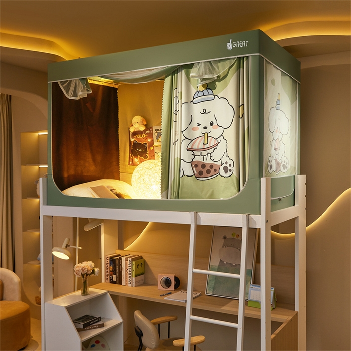 91家纺网 家纺一手货源 找家纺 迪凡保罗蚊帐 2025新款2416纳米环保加厚强遮光大版数码印花学生蚊帐（自带靠墙帘） 奶茶狗