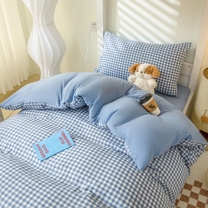 91家纺网 家纺一手货源 找家纺 2024新款水洗棉无印格子学生三件套（床笠床套款） G-小格-蓝+海青
