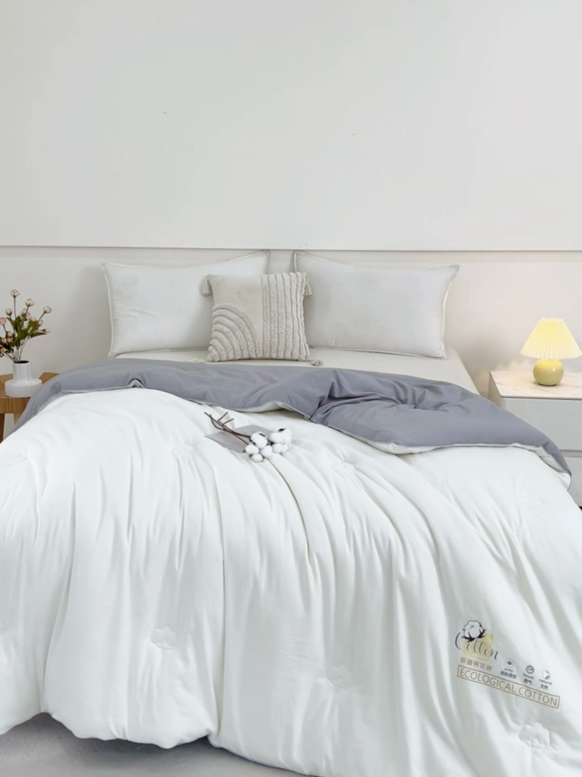 91家纺网 家纺一手货源 找家纺 好宜家纺 2025新款水洗棉新疆棉花被芯拉链款二合一子母被冬被春秋被夏被学生宿舍被褥 单被子-米白+中灰