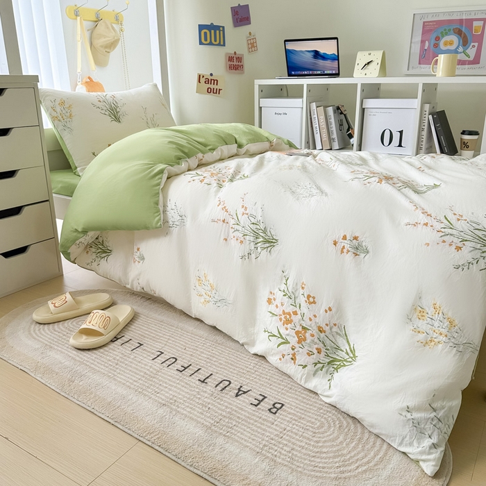 91家纺网 家纺一手货源 找家纺 2024新款水洗棉小清新印花学生三件套（床笠床套款） 仙草