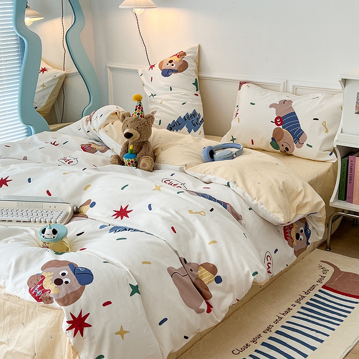 91家纺网 家纺一手货源 找家纺 2024新款13070跑量款全棉四件套--卡通系列 烟花小狗