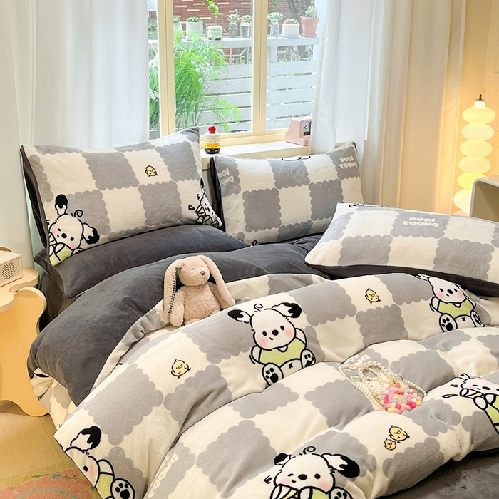 91家纺网 家纺一手货源 找家纺 摩妮卡 2025新款小清新牛奶绒印花四件套床单款床笠单被套场景2 格子狗