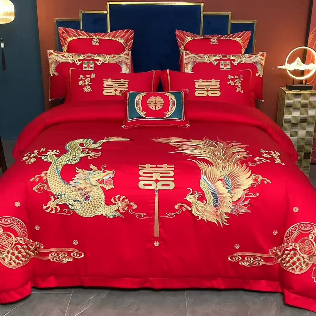 91家纺网 家纺一手货源 找家纺 用心 2024新款双面长绒棉婚庆四件套 福瑞呈祥（新）
