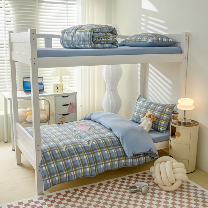 91家纺网 家纺一手货源 找家纺 2024新款水洗棉无印格子学生三件套（床笠床套款） G-简兮-蓝+海青