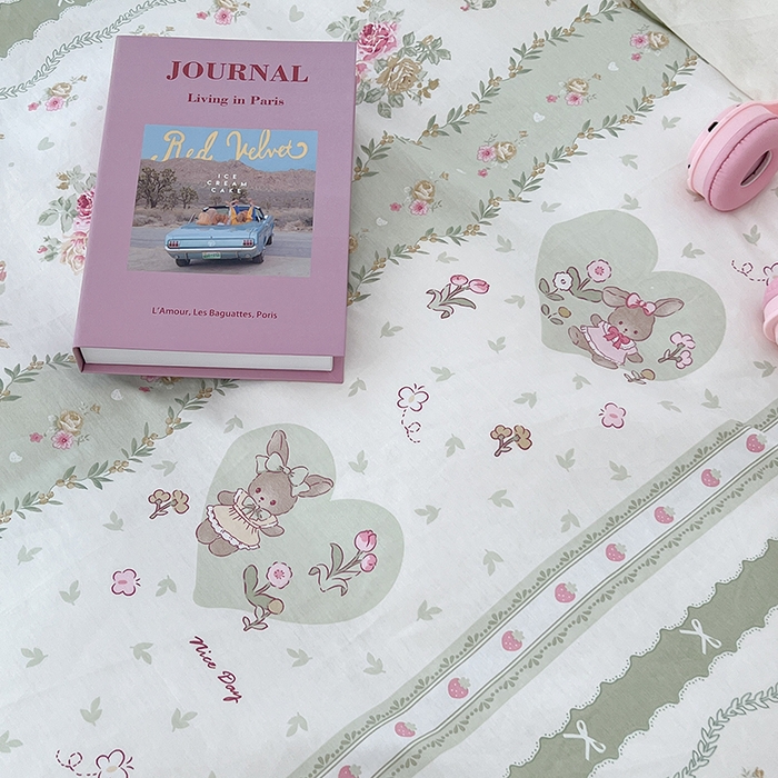 91家纺网 家纺一手货源 找家纺 2024新款13070跑量款全棉四件套--小清新系列 爱心花园兔