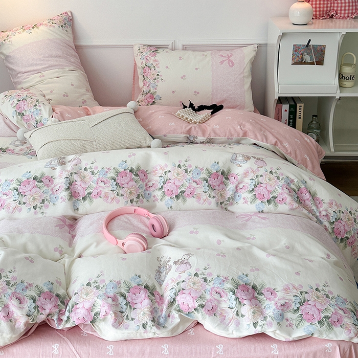 91家纺网 家纺一手货源 找家纺 2024新款13070跑量款全棉四件套--小清新系列 梦境樱桃兔 粉