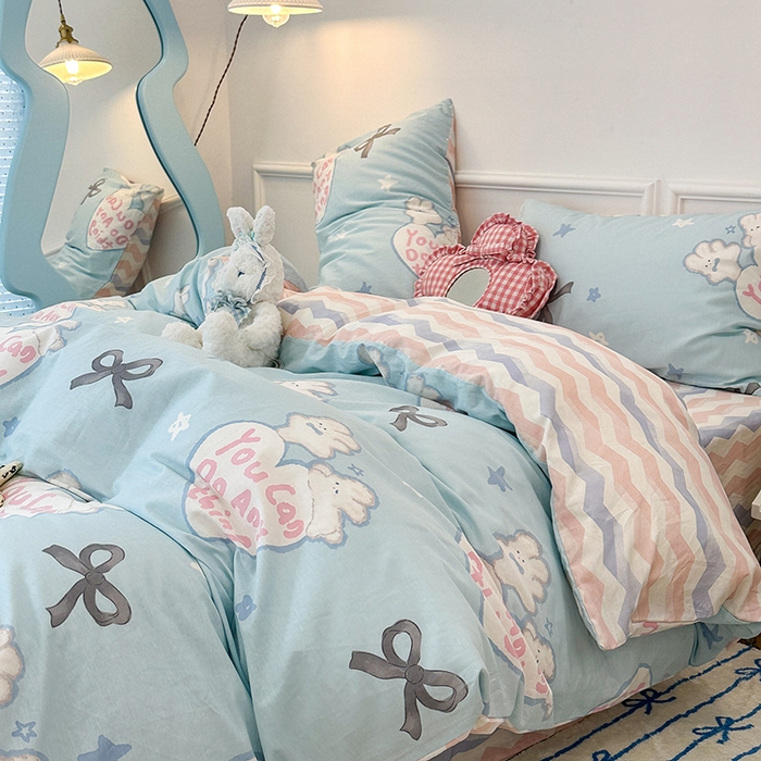 91家纺网 家纺一手货源 找家纺 2024新款13070跑量款全棉四件套--卡通系列 爱心蝴蝶结兔