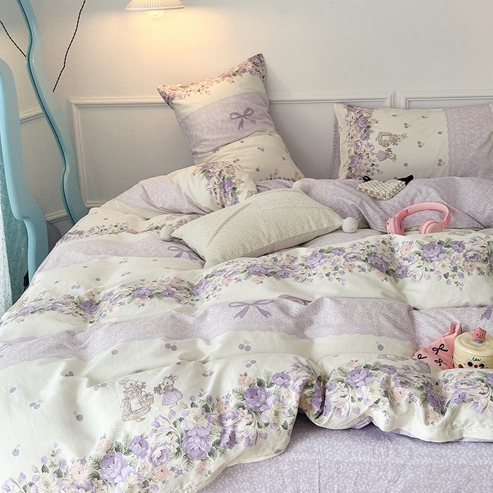91家纺网 家纺一手货源 找家纺 2024新款13070跑量款全棉四件套--小清新系列 梦境樱桃兔 紫