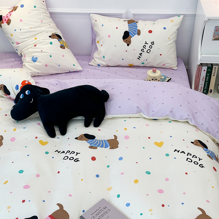 91家纺网 家纺一手货源 找家纺 2024新款13070跑量款全棉四件套--卡通系列 点点毛衣狗