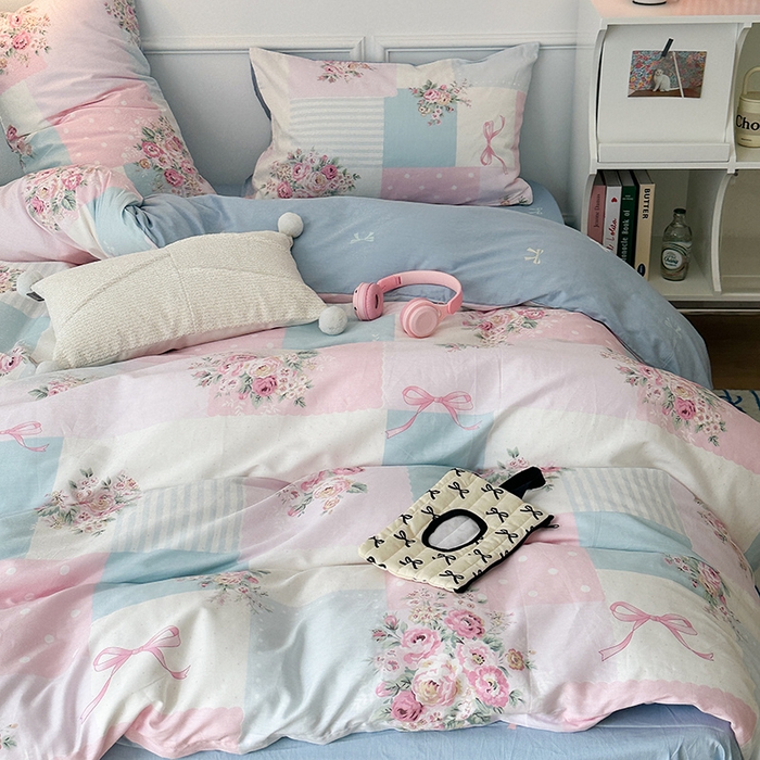 91家纺网 家纺一手货源 找家纺 2024新款13070跑量款全棉四件套--花卉系列 拼接粉玫瑰