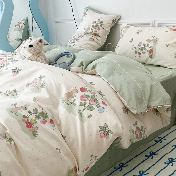 91家纺网 家纺一手货源 找家纺 2024新款13070跑量款全棉四件套--小清新系列 果实小兔