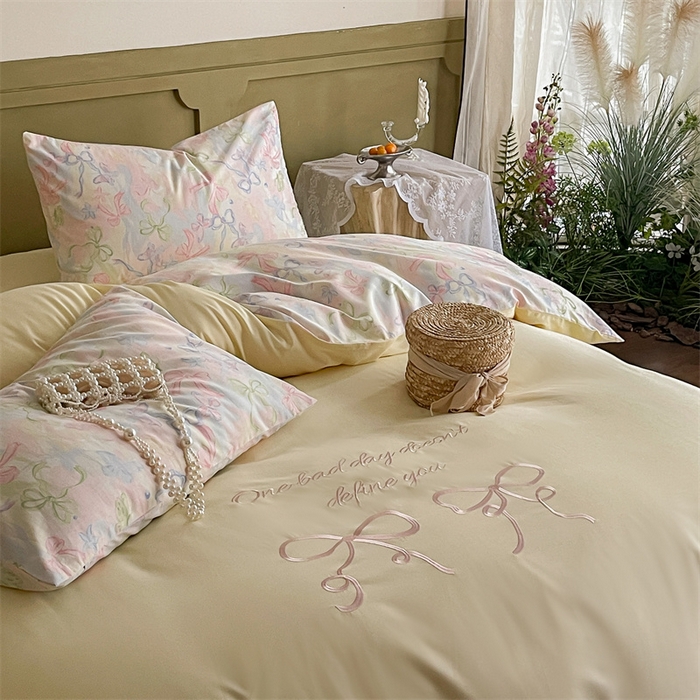 91家纺网 家纺一手货源 找家纺 圆岛家纺 2024新款全棉印花蝴蝶结刺绣四件套 蝴蝶结黄