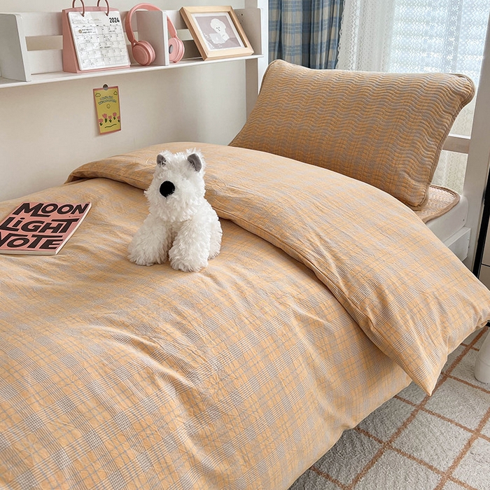 91家纺网 家纺一手货源 找家纺 沐纯家居 2024新款开学季（A类全棉水洗棉，棉加绒）床盖三件套  田园桔