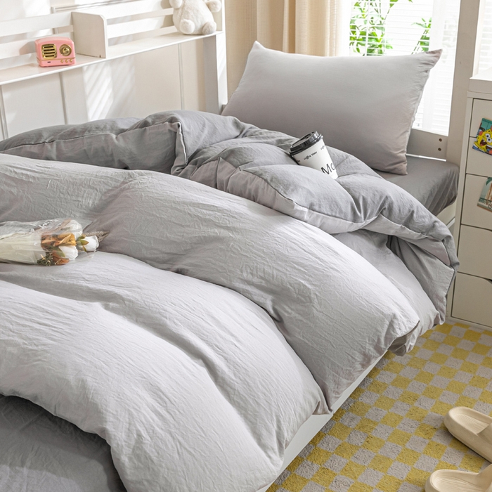 91家纺网 家纺一手货源 找家纺 2024新款纯色双拼水洗棉学生三件套（床笠床套款） 纯色-山灰+中灰