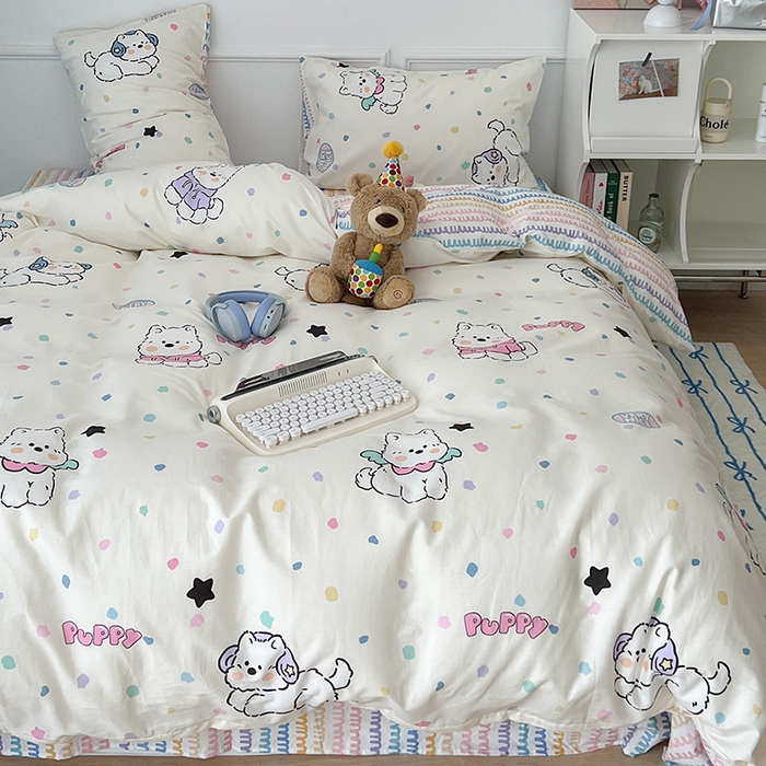 91家纺网 家纺一手货源 找家纺 2024新款13070跑量款全棉四件套--卡通系列 可爱萌萌狗