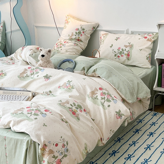 91家纺网 家纺一手货源 找家纺 2024新款13070跑量款全棉四件套--小清新系列 果实小兔