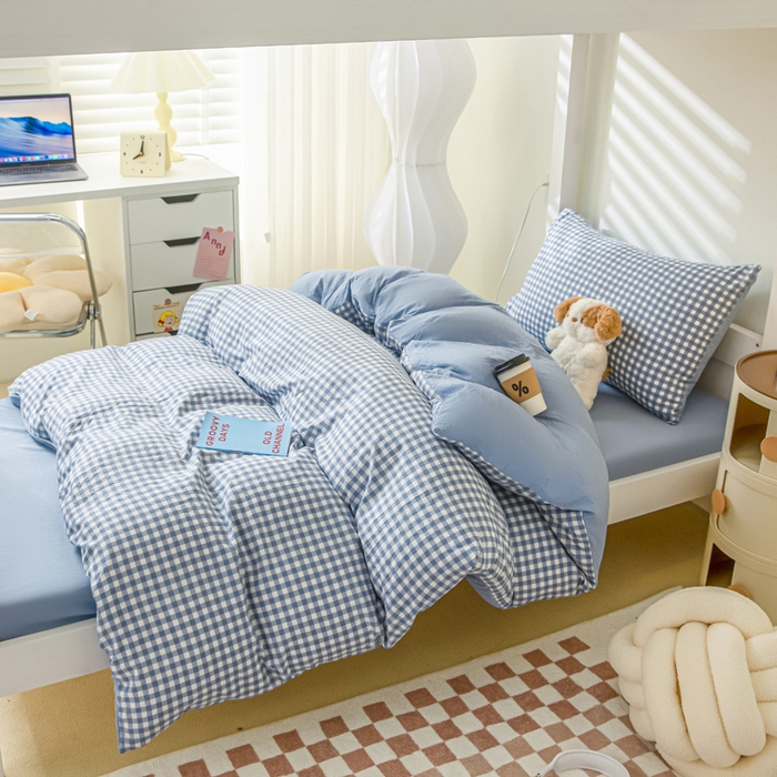 91家纺网 家纺一手货源 找家纺 2024新款水洗棉无印格子学生三件套（床笠床套款） G-小格-蓝+海青