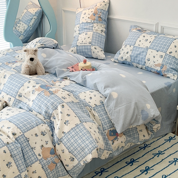 91家纺网 家纺一手货源 找家纺 2024新款13070跑量款全棉四件套--卡通系列 拼接格子兔