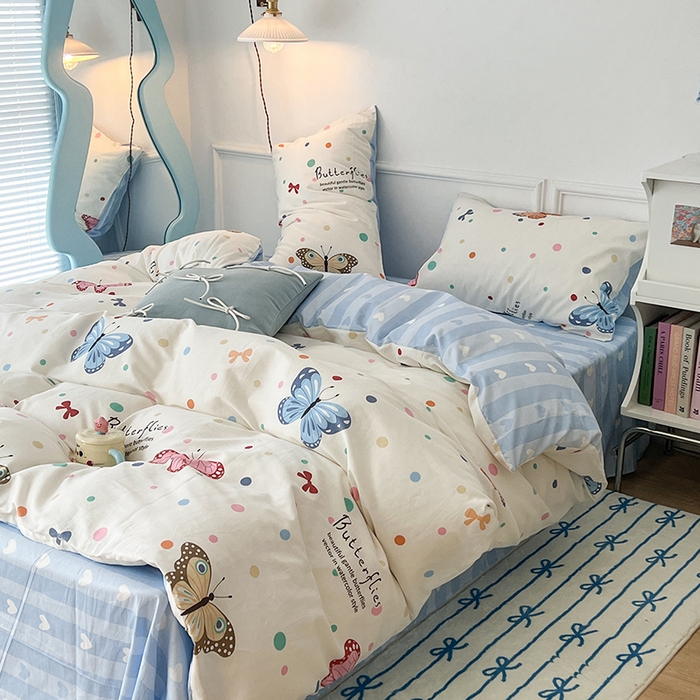 91家纺网 家纺一手货源 找家纺 2024新款13070跑量款全棉四件套--小清新系列 彩波点蝴蝶